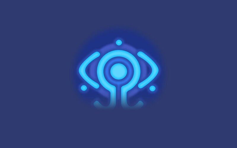 neon blue logo on dark background