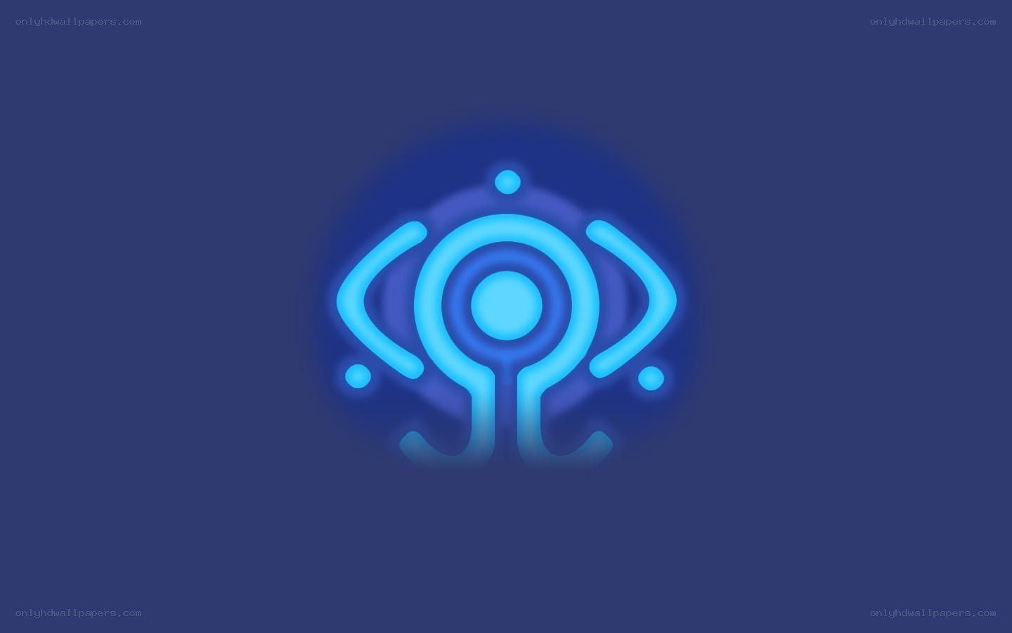 neon blue logo on dark background