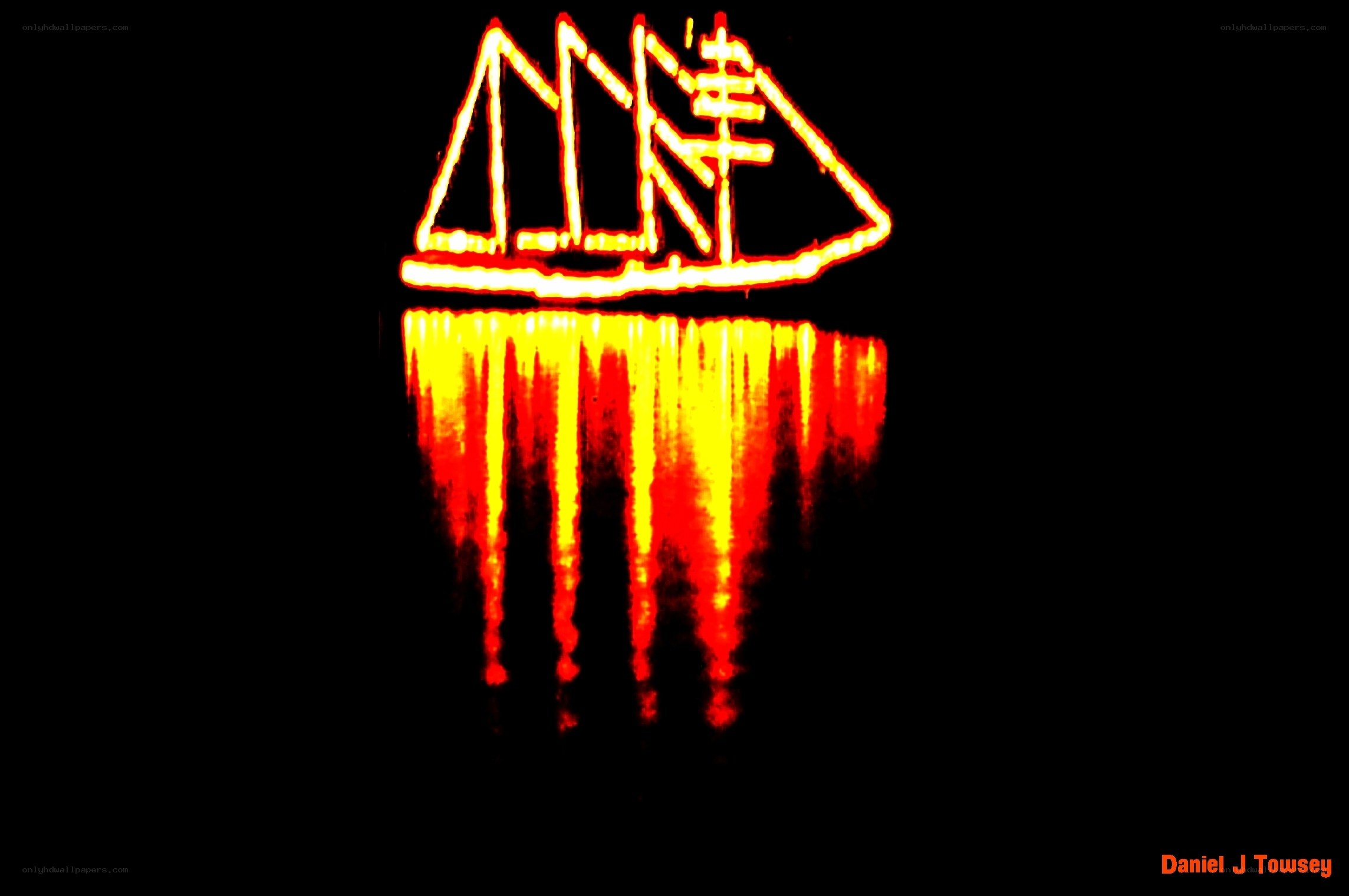 Neon boat sign at night
