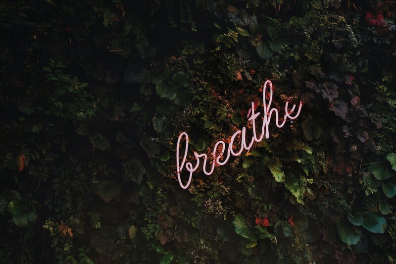 neon breathe sign on green wall