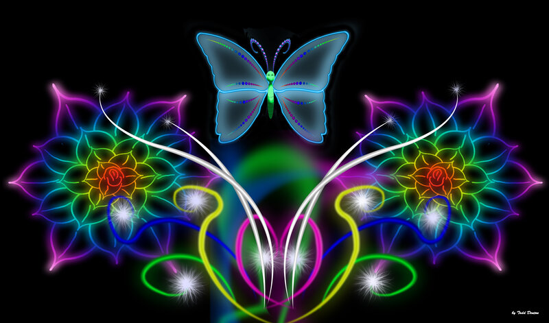 Neon Butterfly and Flowers