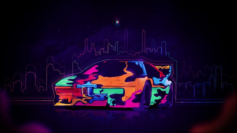 neon car in cityscape