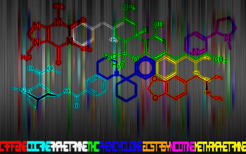 Neon chemical structures of stimulants