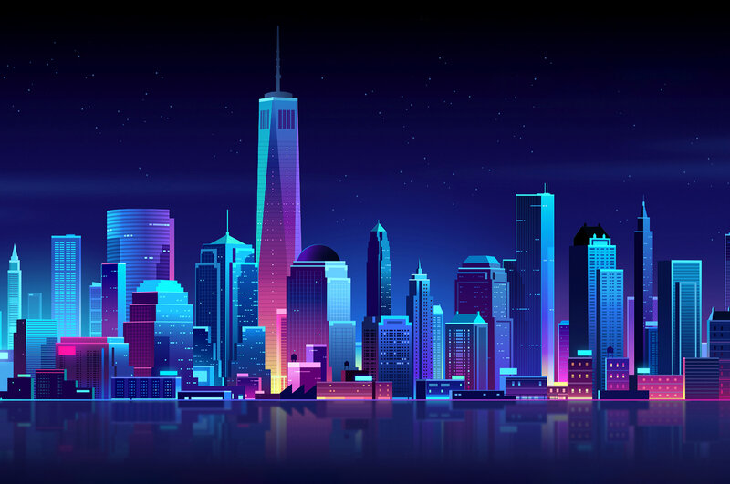 Neon City Skyline — Blue, Dramatic, Night