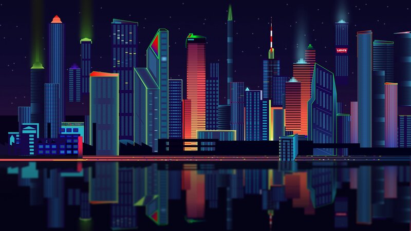 Neon City Skyline — Blue, Dramatic