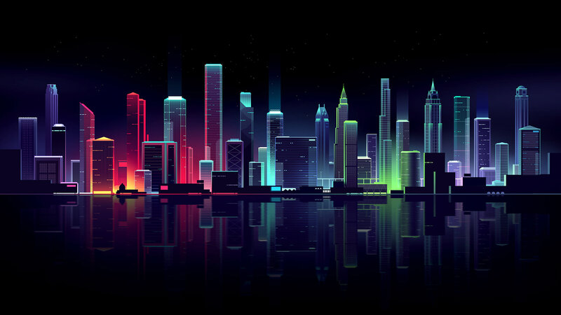 Neon City Skyline — Cyan