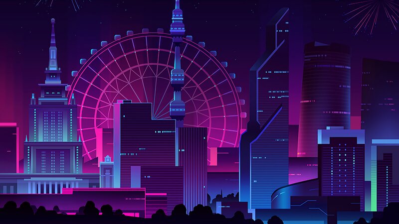 Neon City Skyline — Purple