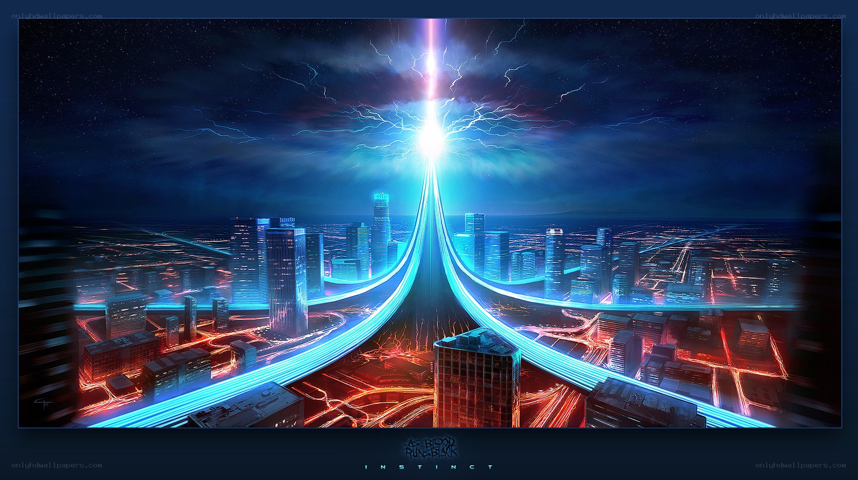 Neon city with lightning beam