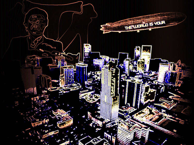 neon cityscape with airship