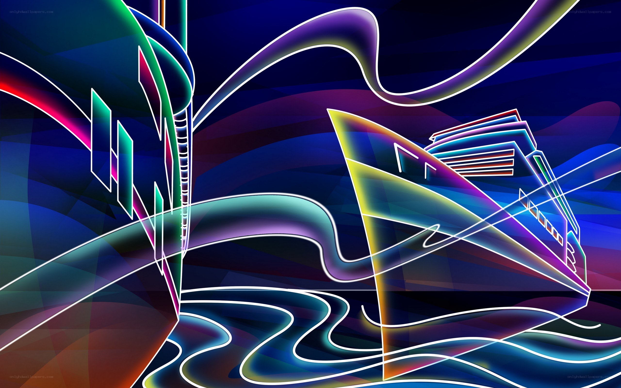 Neon cruise ship at night