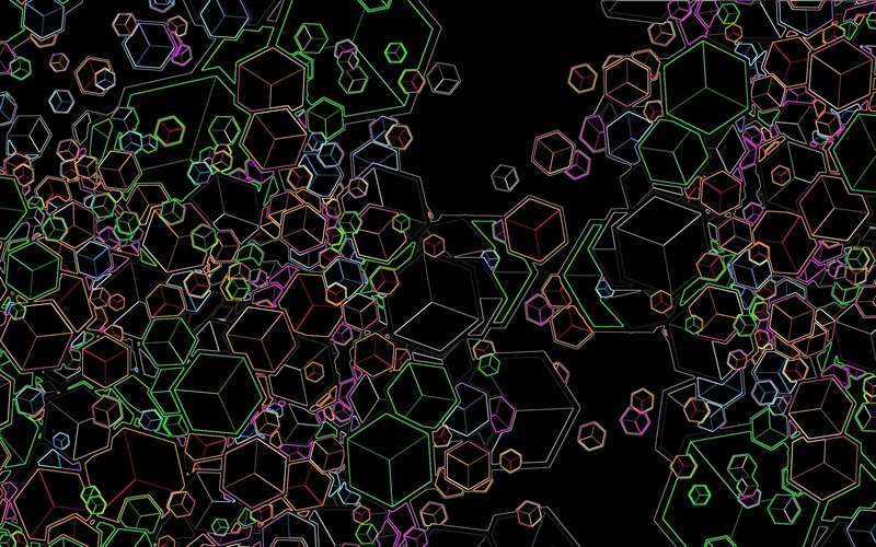Neon Cubes on Black — Abstract