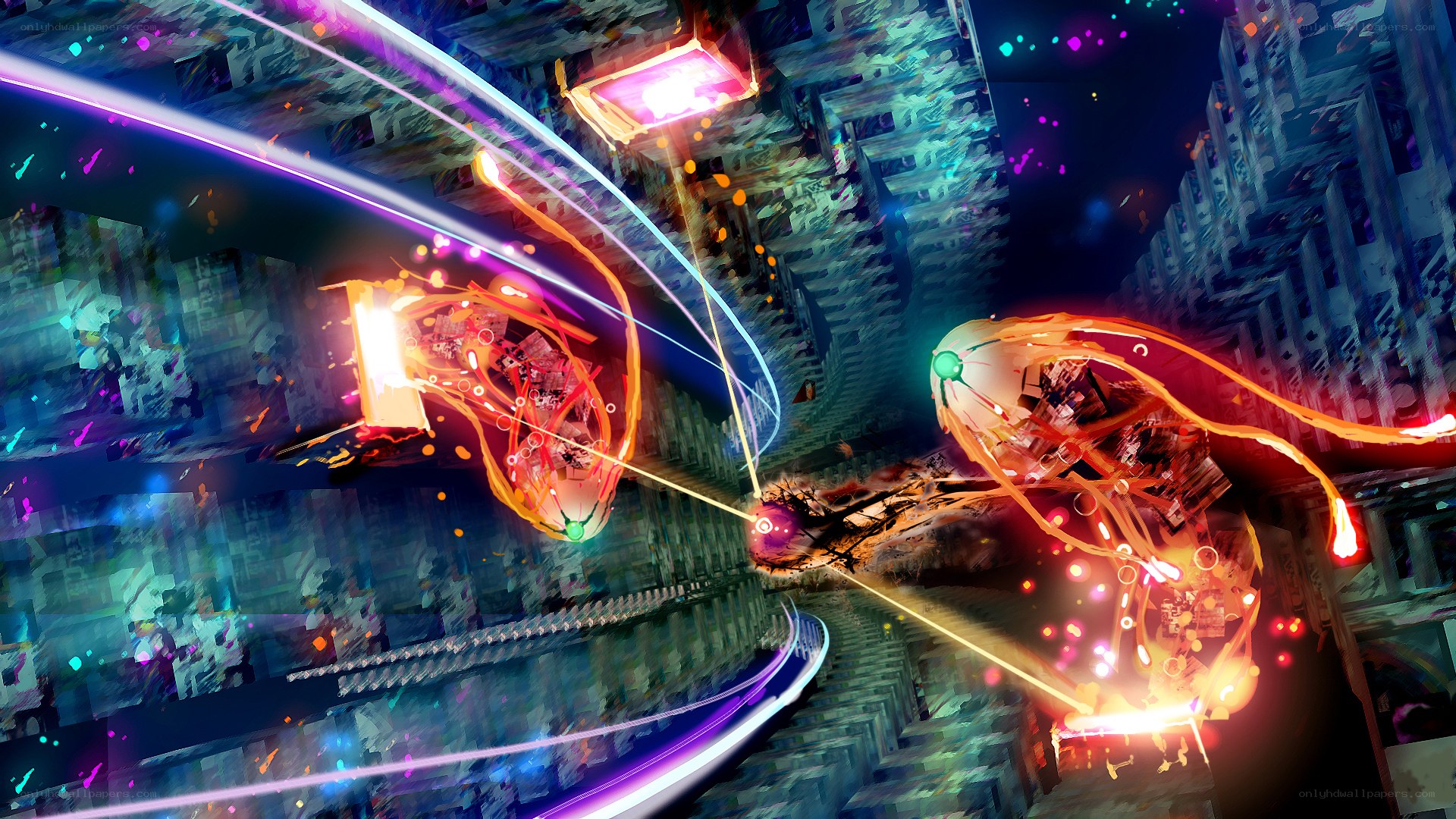 Neon cyberpunk battle scene