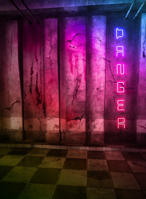 Neon 'DANGER' sign in a decayed corridor