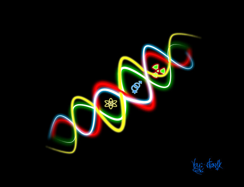 neon DNA helix with symbols