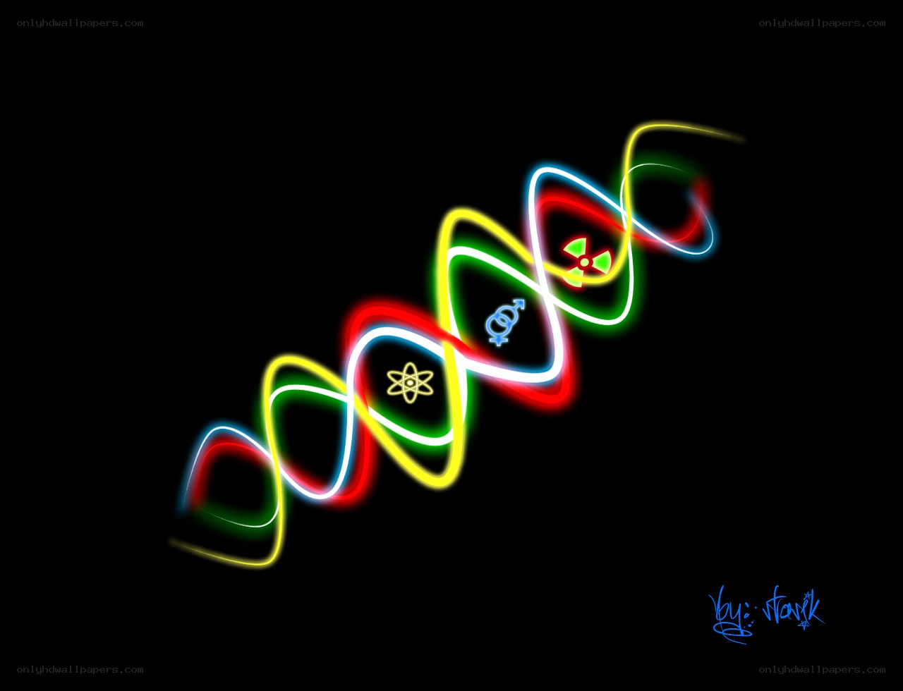 neon DNA helix with symbols