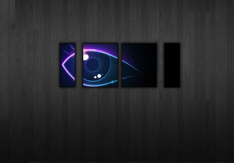 Neon eye art on dark wood