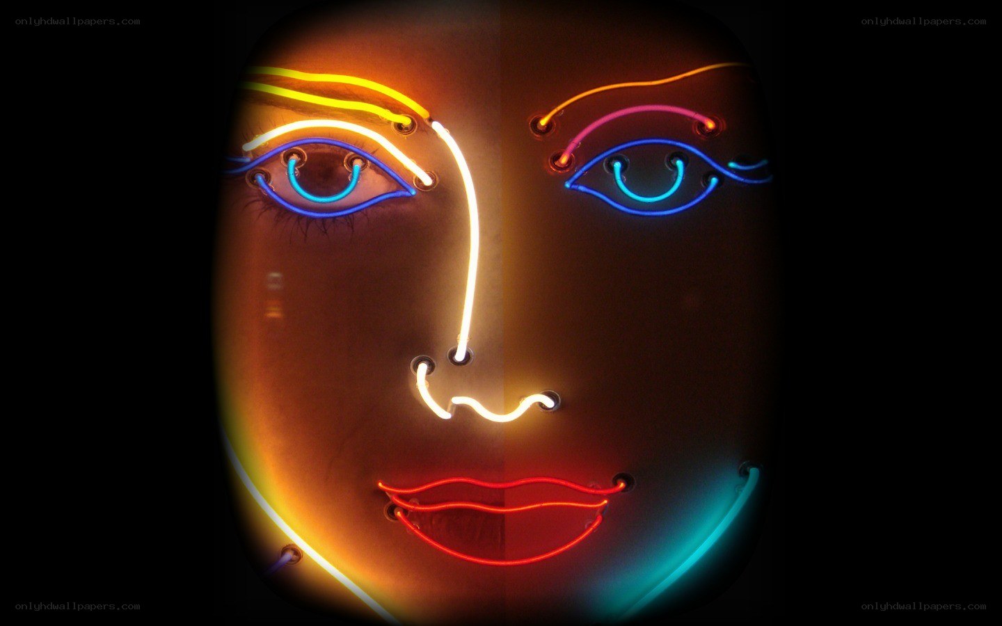 Neon face art installation