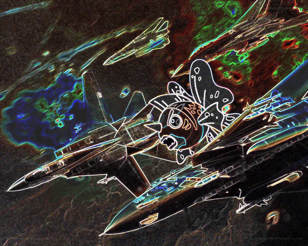 Neon fighter jets with cartoon fish
