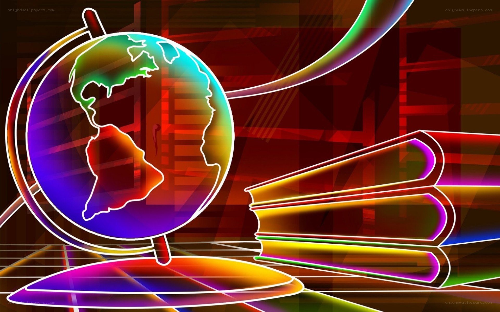 neon globe and books