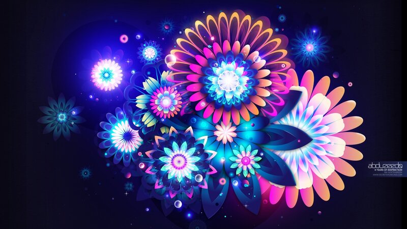 Neon Glowing Flowers — Blue, Vibrant, Night, Digital Art, Light