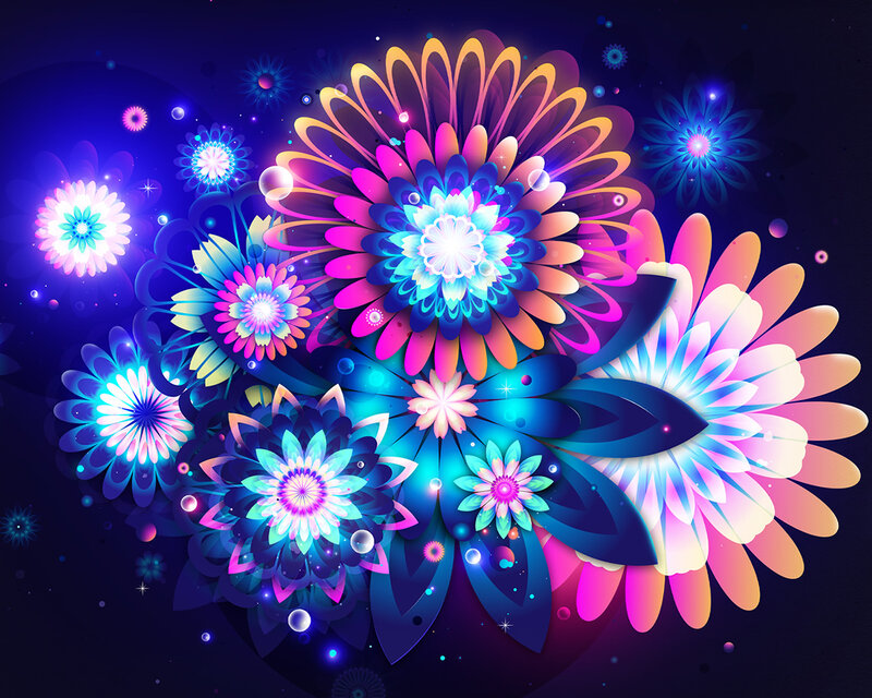 Neon Glowing Flowers — Blue, Vibrant, Night