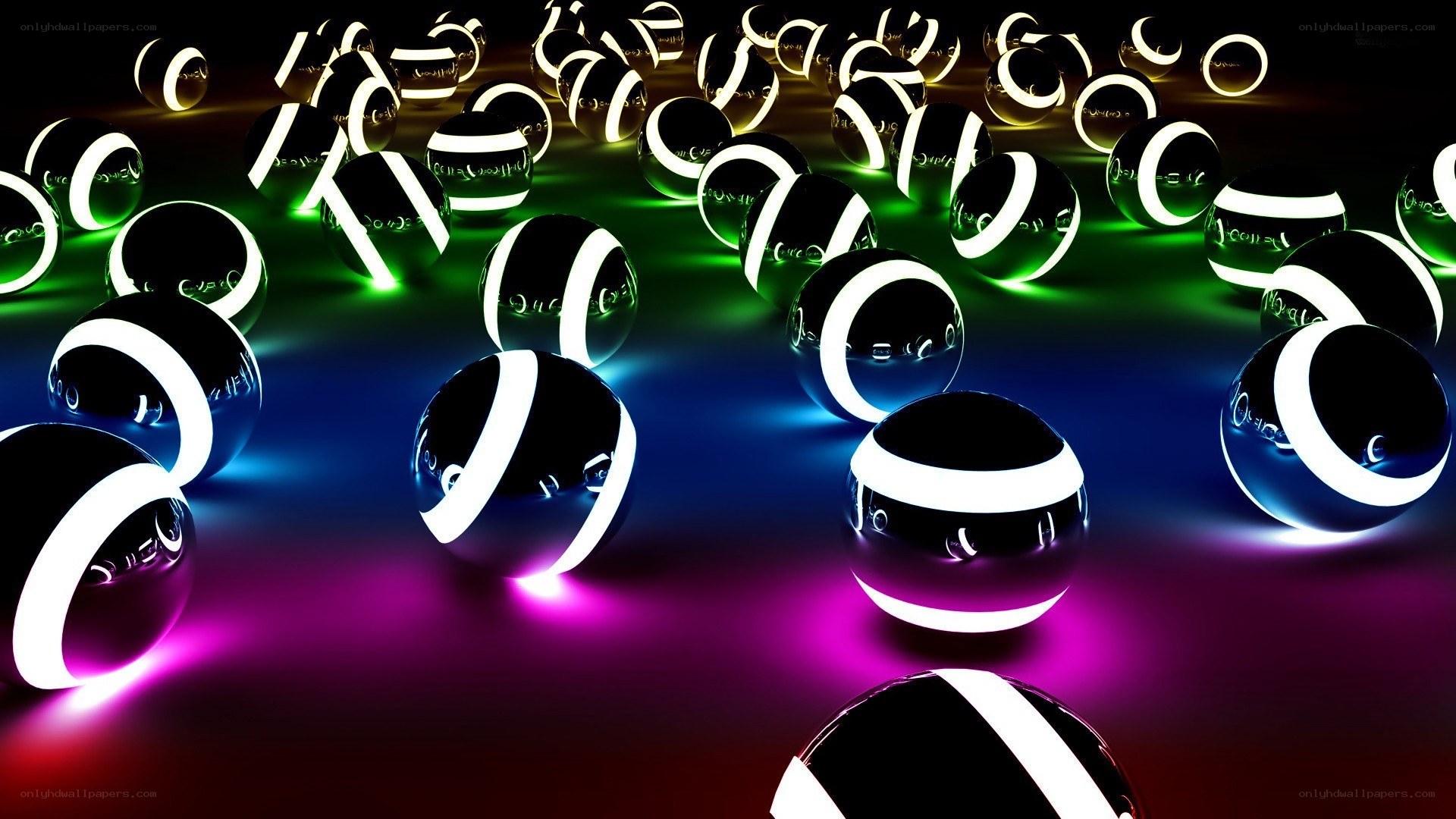 Neon glowing spheres on colorful surface