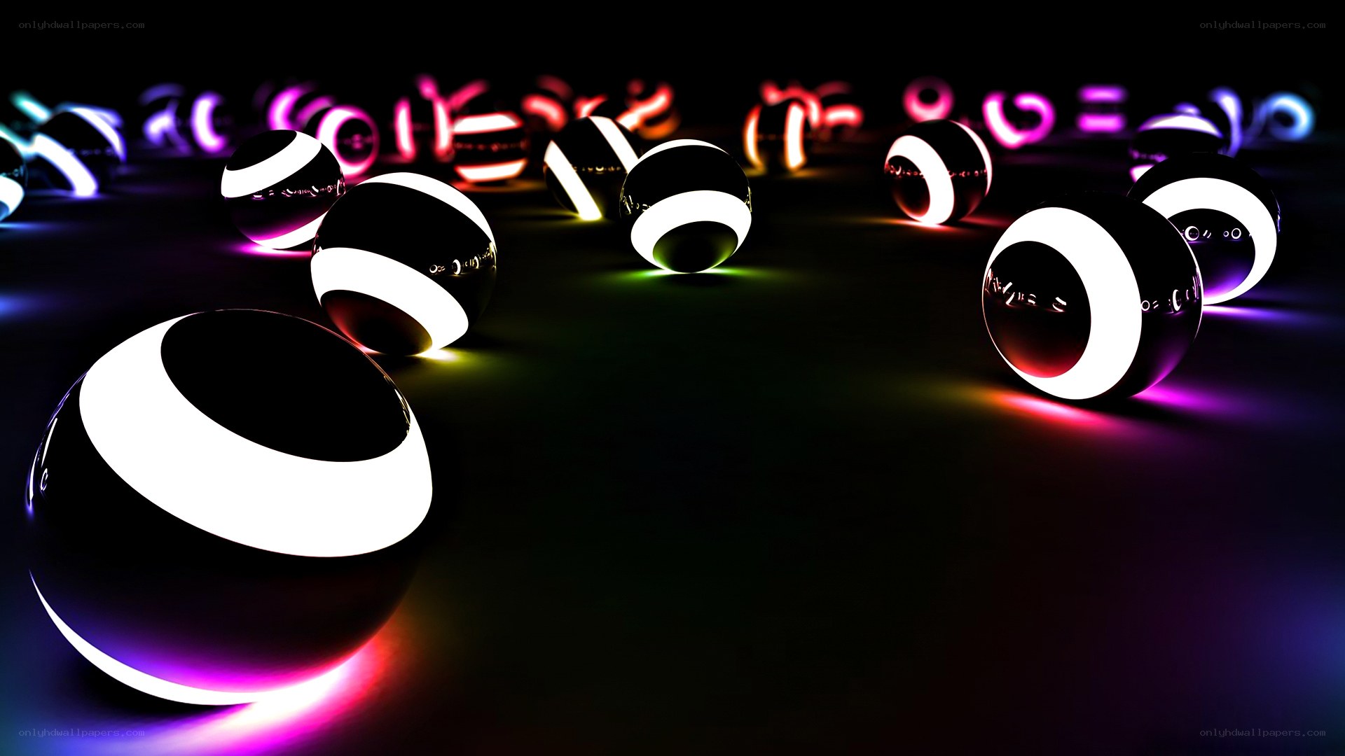 Neon glowing spheres on dark surface