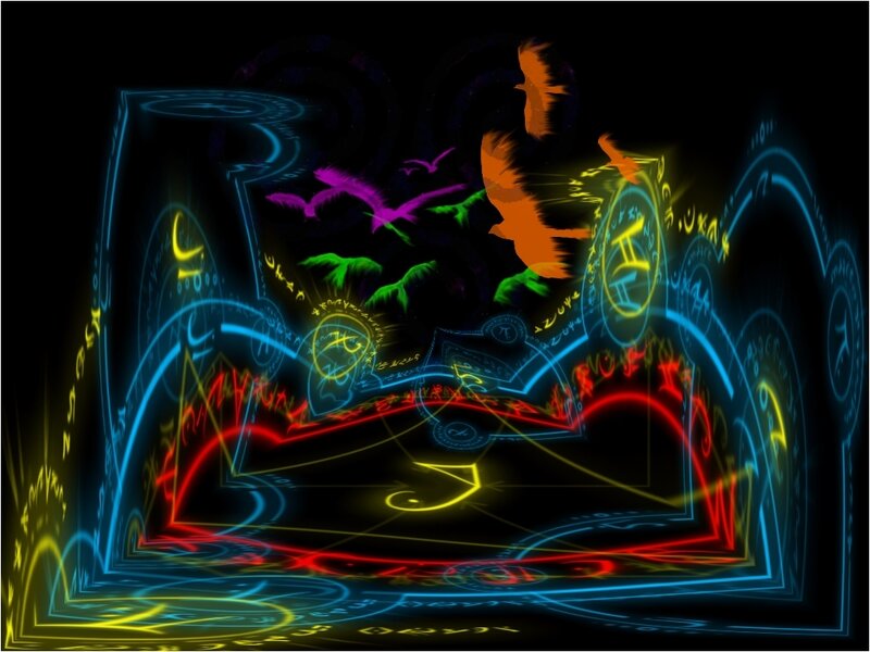 neon glowing symbols and birds