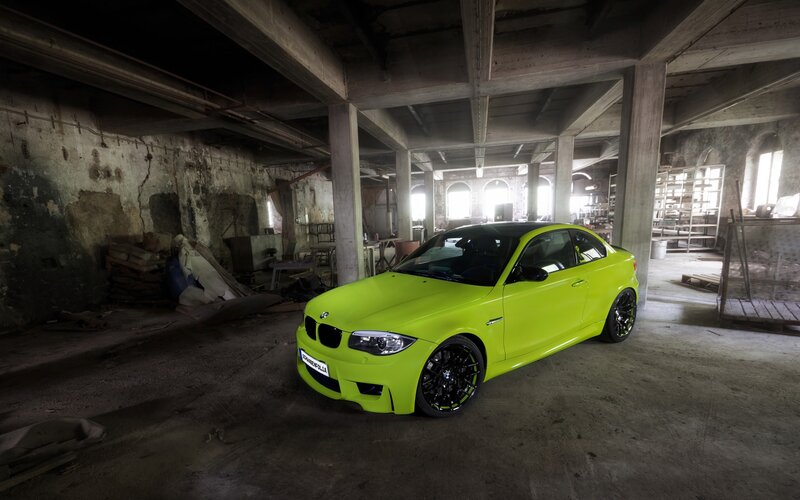 Neon green BMW in abandoned warehouse