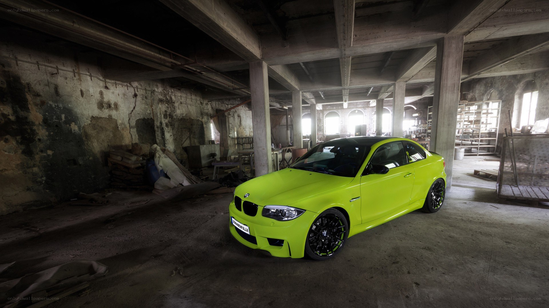 Neon green BMW in warehouse