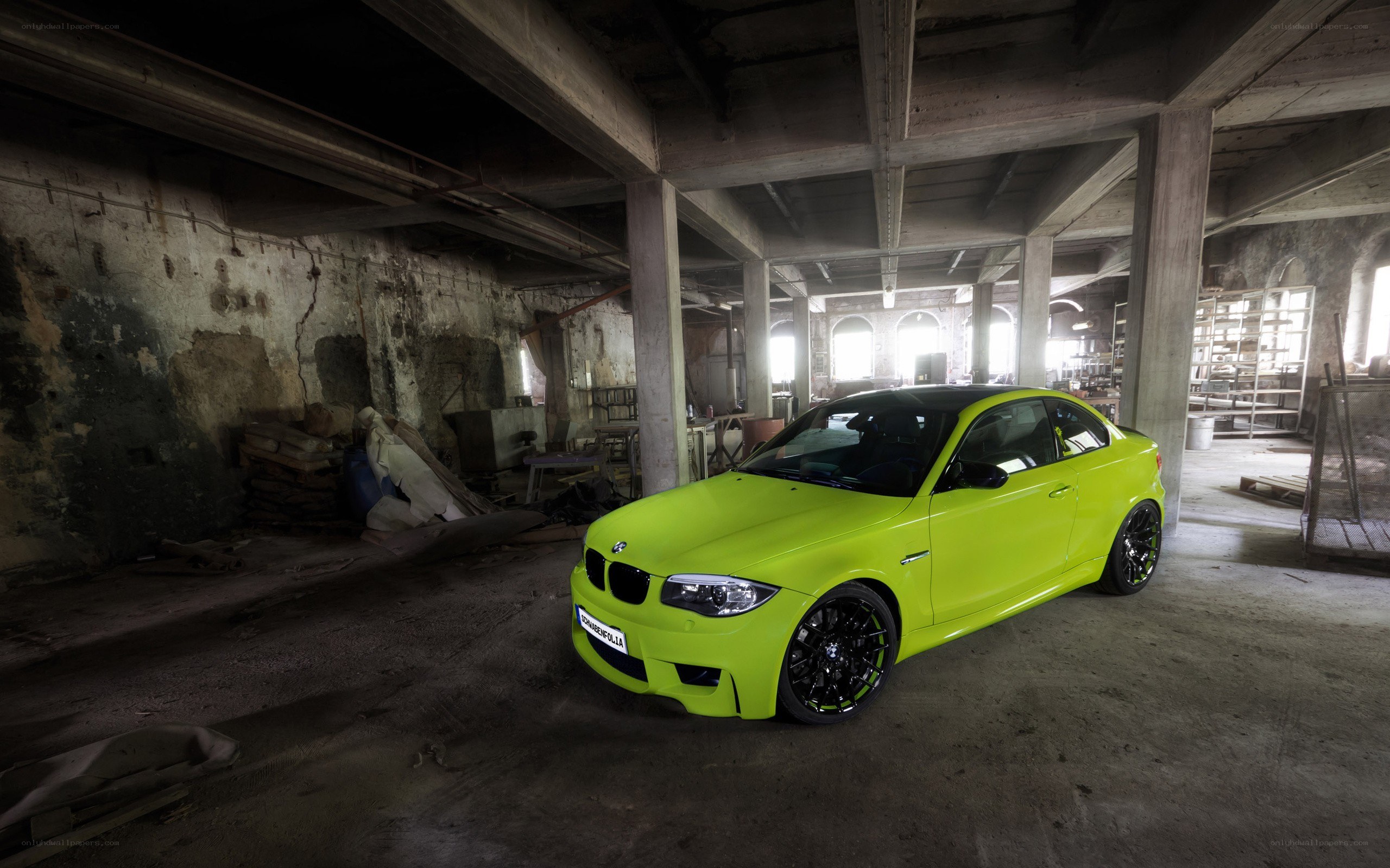 Neon green BMW in warehouse