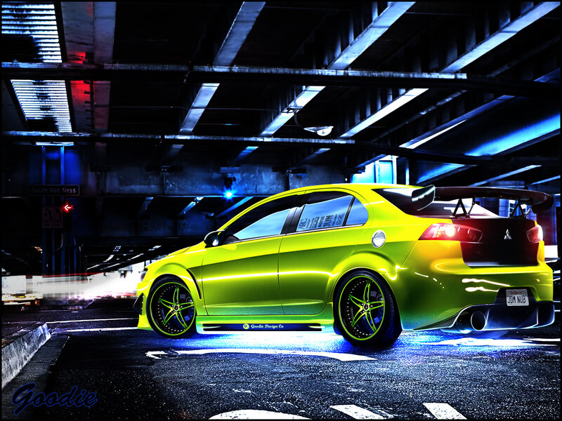 Neon green sports car in garage