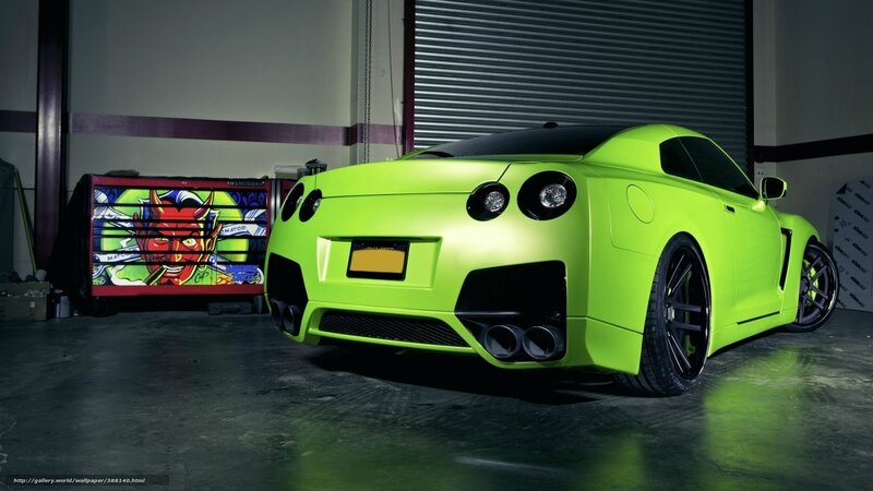 neon green sports car in garage