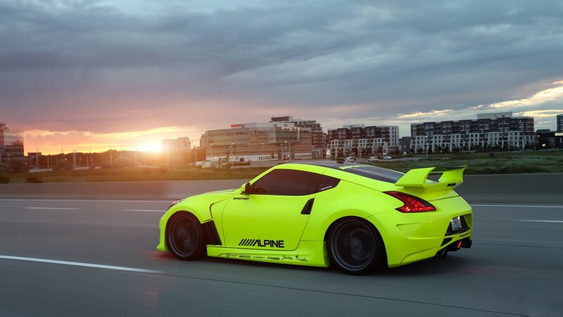 Neon Green Sports Car — Lime Green, Dramatic, Sunset