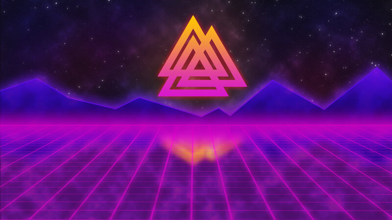 Neon Grid Landscape — Purple, Futuristic, Night, Digital Art, Mountains, Stars, Triangle