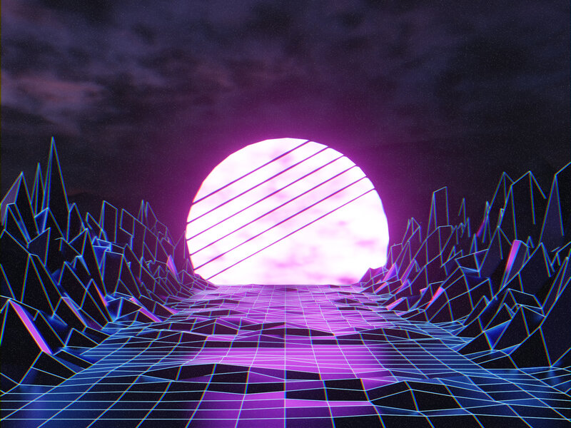 Neon Grid Landscape — Purple, Futuristic, Night, Digital Art, Mountains, Sun, Sky