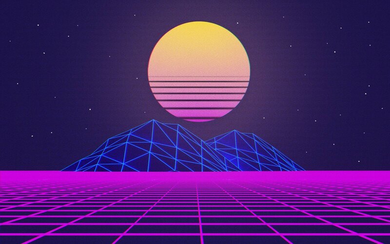 Neon Grid Landscape — Purple, Futuristic, Night, Digital Art, Mountains, Sun