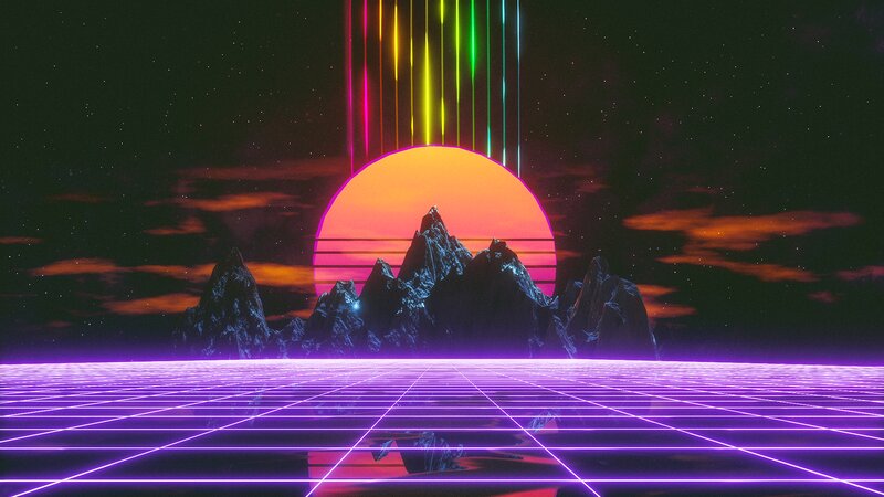 Neon Grid Landscape — Purple, Futuristic, Sunset, Digital Art, Mountains, Sun