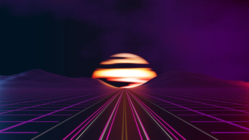Neon Grid Road at Sunset — Purple