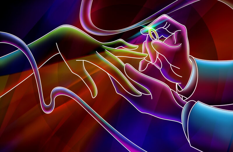 Neon hands exchanging ring