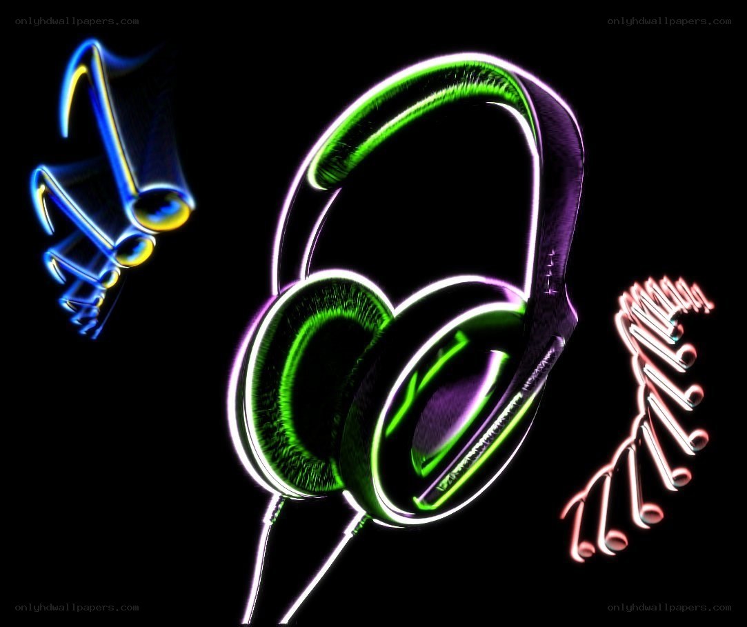 Neon headphones and music notes
