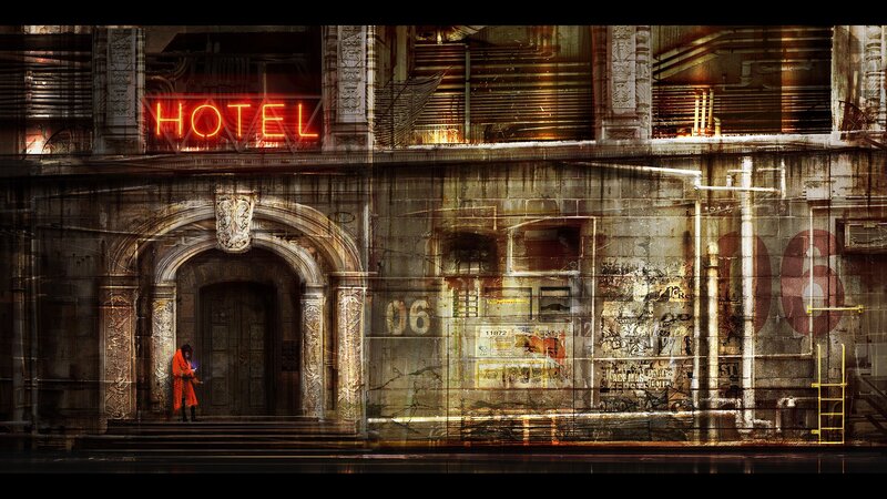 Neon hotel in a cyberpunk city