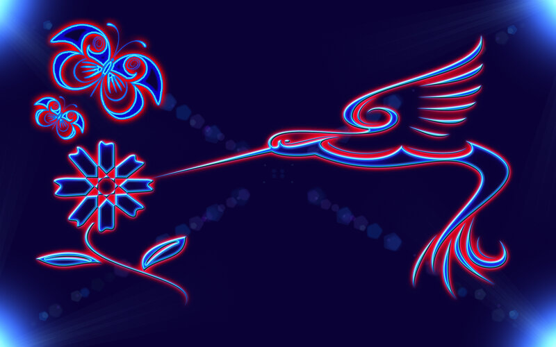 Neon hummingbird and butterfly