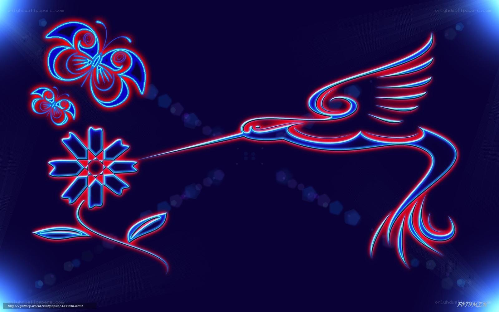 Neon hummingbird and butterfly