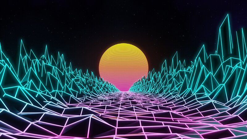 Neon Landscape with Sun — Cyan