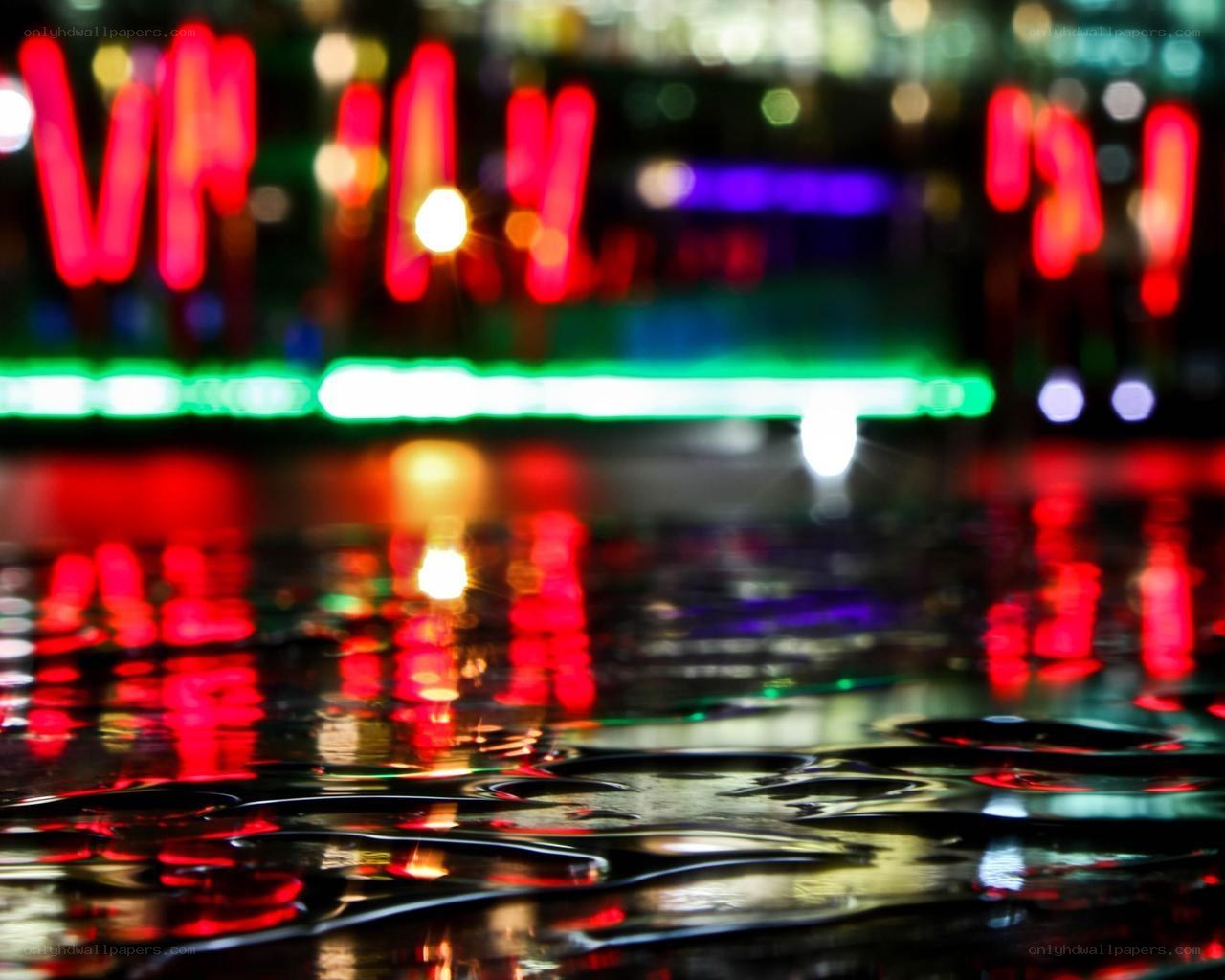 neon lights on wet pavement
