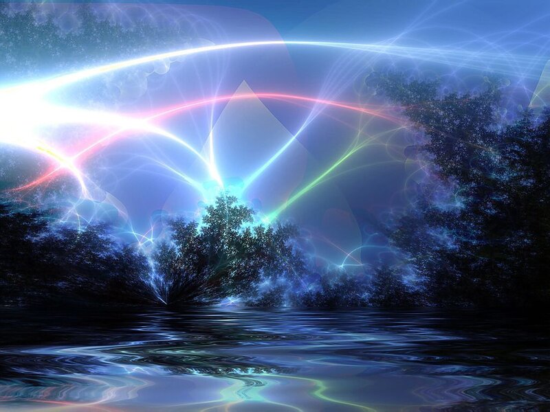Neon lights over a forest lake