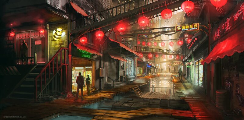 neon-lit alley at night