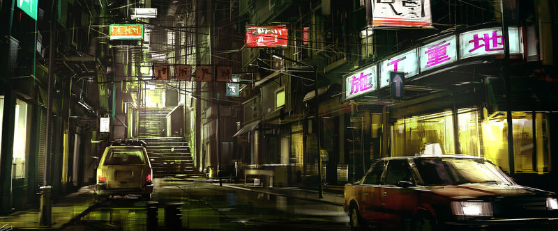 neon-lit alley at night