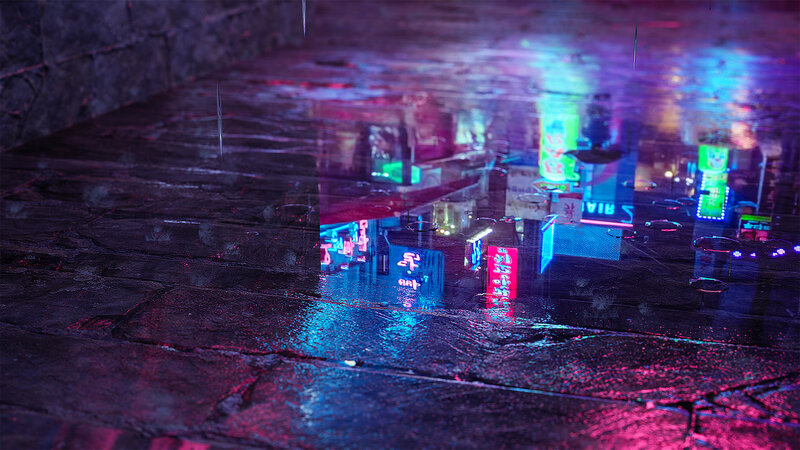 Neon-lit Alley Reflection